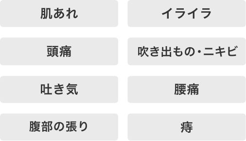 肌あれ、イライラ、頭痛、吹き出もの・ニキビ、吐き気、腰痛、腹部の張り、痔